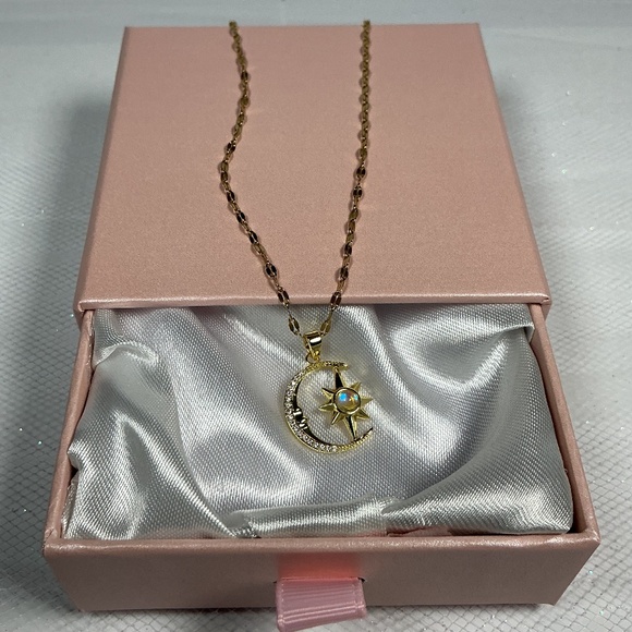 Gold Tone Cz Diamond Crescent Moon Pendant with Center Moonstone Style Accent - Picture 6 of 10